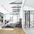 Modern Hotel Guest Room With Large Windows Wooden Floor And Glass Door Bathroom