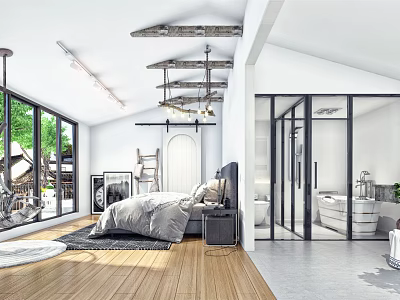 Modern Hotel Guest Room With Large Windows Wooden Floor And Glass Door Bathroom 3d model