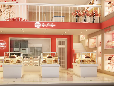 Vibrant Sweet Shop Interior with Glass Display Cases Fresh Pastries Red Walls and Flower Decor 3d model