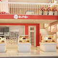 Vibrant Sweet Shop Interior with Glass Display Cases Fresh Pastries Red Walls and Flower Decor