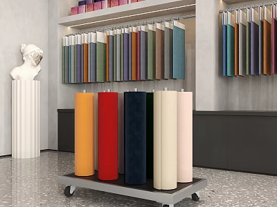 Colorful Fabric Rolls Display On Cart With Shelves In Showroom Interior 3d model
