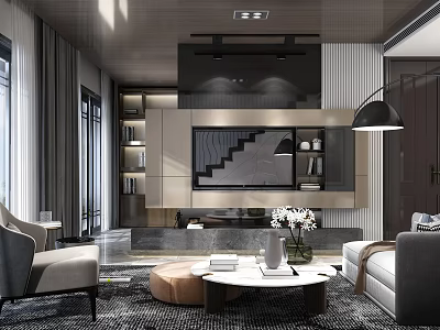 Modern Living Room with Gray Sofa Round Coffee Table TV Wall Bookshelves and Floor Lamp 3d model