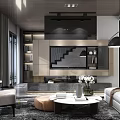 Modern Living Room with Gray Sofa Round Coffee Table TV Wall Bookshelves and Floor Lamp