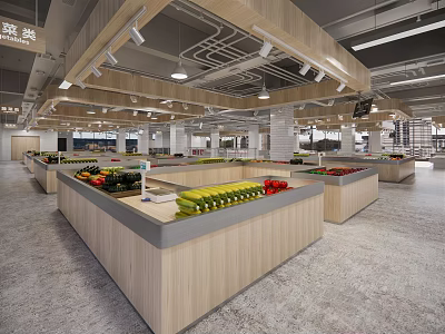 Modern Supermarket Grocery Fresh Produce Section With Wooden Shelves And Vegetable Fruit Displays 3d model