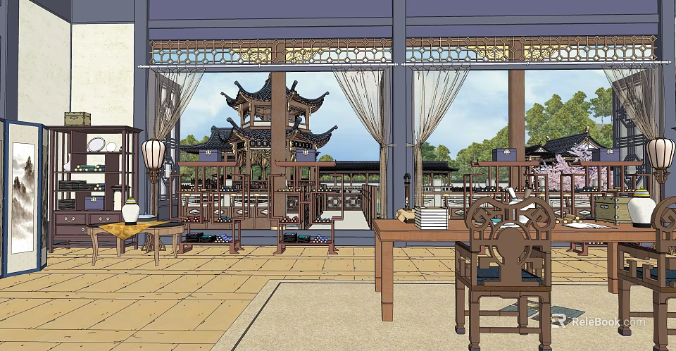 Ancient Chinese Architecture Courtyard With Traditional Wooden Pagoda Lanterns And Furniture 3d model 