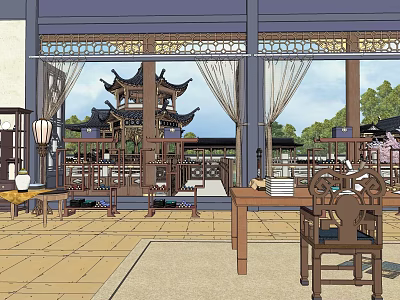 Ancient Chinese Architecture Courtyard With Traditional Wooden Pagoda Lanterns And Furniture 3d model