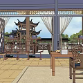 Ancient Chinese Architecture Courtyard With Traditional Wooden Pagoda Lanterns And Furniture