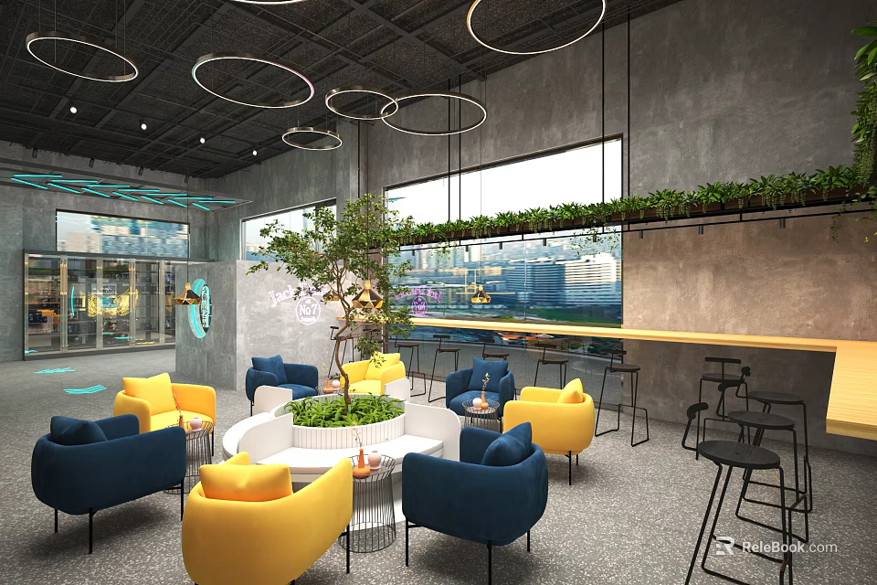 Shop Front Desk With Yellow And Blue Sofas Round Table Green Plants Circular Lights 3d model