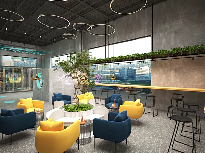 Shop Front Desk With Yellow And Blue Sofas Round Table Green Plants Circular Lights 3d model