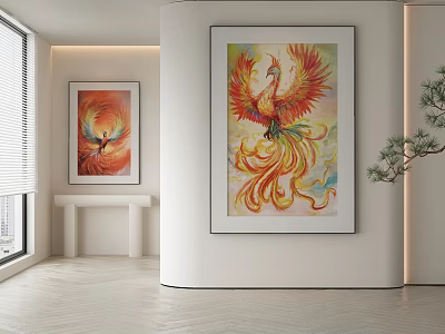 Abstract Painting Featuring Phoenix with Vibrant Red Yellow Feathers Flames in Modern Interior Wall Decor 3d model