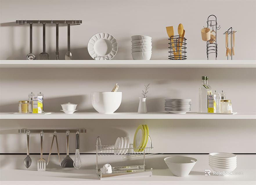 Organized Kitchen Utensils Bowls Plates Spatulas Knives On Open Shelves With Metal Racks 3d model 