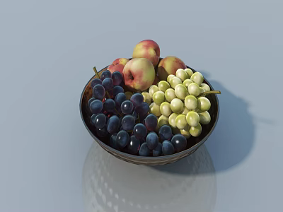 Ceramic Bowl Filled With Fresh Purple Grapes Green Grapes And Peaches On Smooth Surface 3d model