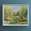 Scenic Landscape Painting Featuring Green Meadow Yellow Flower Field and Distant Cottages Under Blue Sky