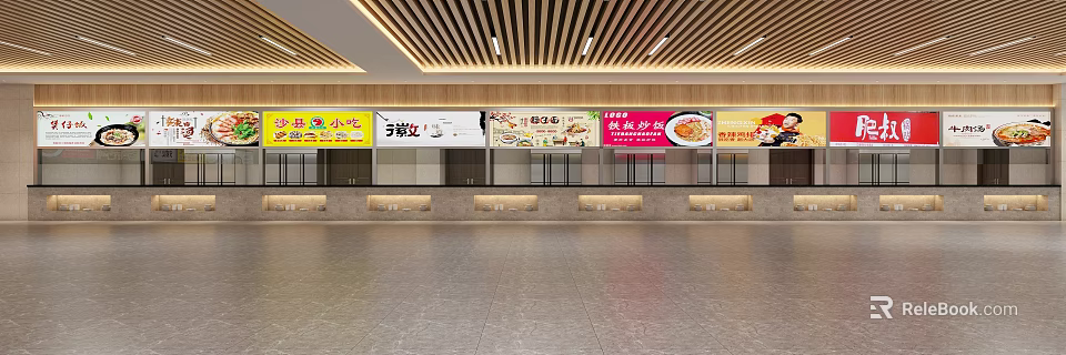 Cafeteria Dining Space With Multiple Food Stalls And Wooden Ceiling Structure 3d model