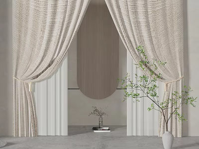 Beige Textured Curtain Draped With Green Plant And Arched Mirror In Minimalist Background 3d model