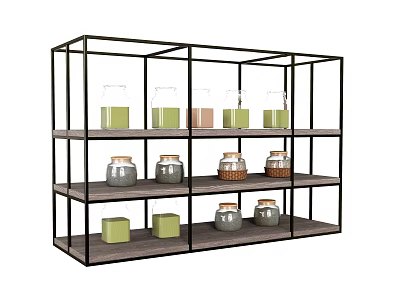 Black Metal Frame Multi Tier Storage Shelf with Glass Jars and Wooden Shelves 3d model