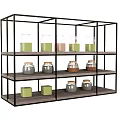 Black Metal Frame Multi Tier Storage Shelf with Glass Jars and Wooden Shelves