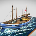 Sailing Boat with Blue Hull and Yellow Cabin Flying Red Flag on Wavy Sea