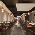 Sichuan Restaurant Interior Design With Wooden Reception Counter Hanging Lamps And Food Display Shelves