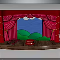 Indoor Stage Scene with Red Curtains Blue Backdrop Green Hills and Wooden Floor