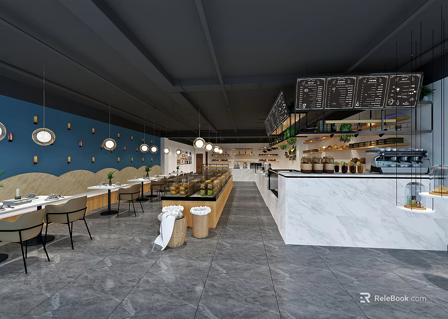 Modern Dessert Shop Interior With Glass Display Cases Seating Area And Marble Counter 3d model 