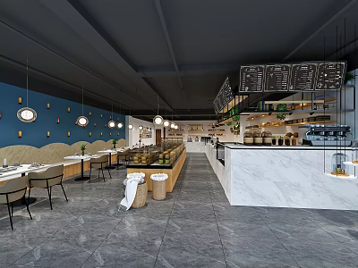 Modern Dessert Shop Interior With Glass Display Cases Seating Area And Marble Counter 3d model