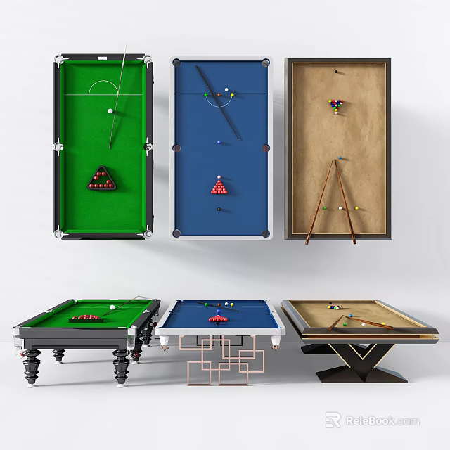 Sports Equipment Various Colored Billiard Tables With Balls And Cues 3d model 
