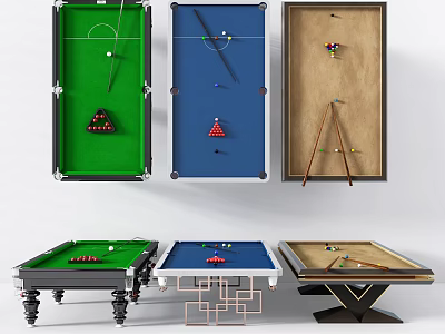 Sports Equipment Various Colored Billiard Tables With Balls And Cues 3d model