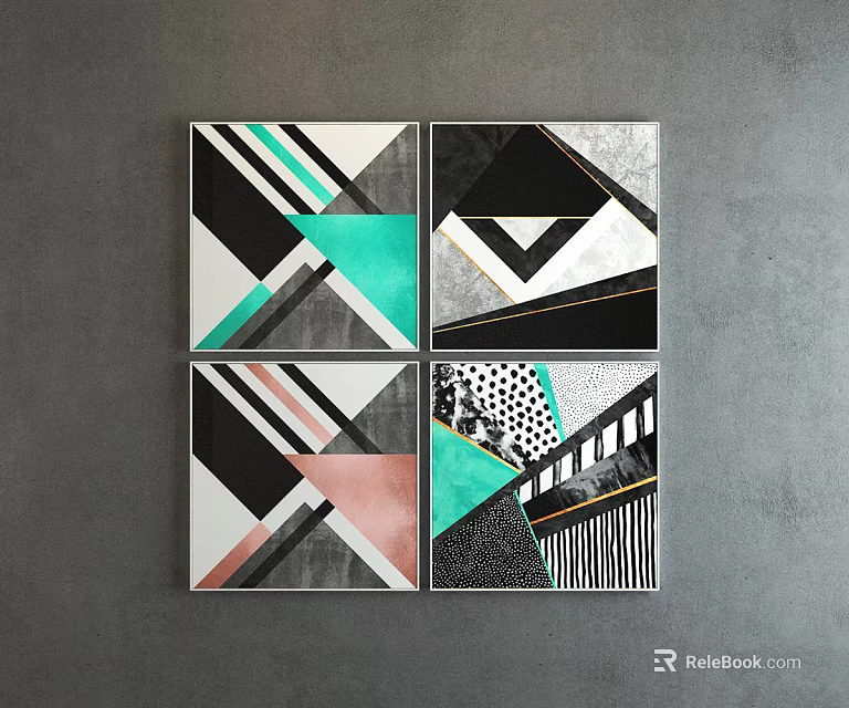 Four Panel Abstract Paintings With Geometric Shapes Teal Pink Stripes And Dots Patterns 3d model 