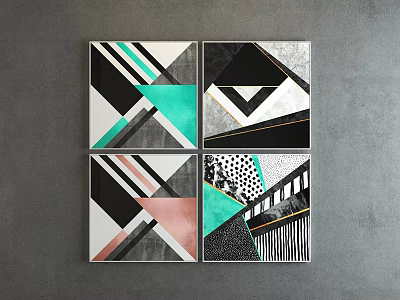 Four Panel Abstract Paintings With Geometric Shapes Teal Pink Stripes And Dots Patterns 3d model