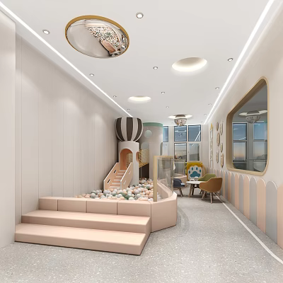 Modern Kindergarten Interior With Ball Pit Slide Stairs And Play Area Seating 3d model