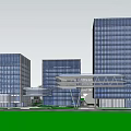 Modern Glass Facade Office Building Complex With Connected Structures And Pedestrian Area 3d model