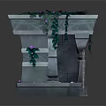 Mystical Stone Structure With Climbing Vines Glowing Windows And Explorer Character 3d model