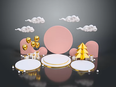 White And Gold Commercial Display Stands With Pink Circular Elements Cloud Decorations And Gold Balloons 3d model