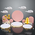 White And Gold Commercial Display Stands With Pink Circular Elements Cloud Decorations And Gold Balloons