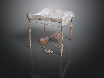 Traditional Market Stall Structure With Wooden Poles Canvas Roof And Clay Pots 3d model