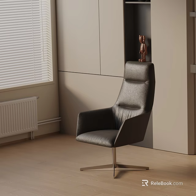 Modern Dark Gray Leather Office Chair With Metal Base In Bright Interior 3d model 