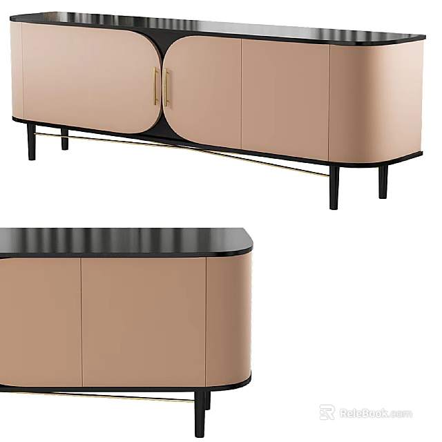 Elegant Modern Entryway Console Cabinet With Beige Leather Gold Handles And Black Legs 3d model 