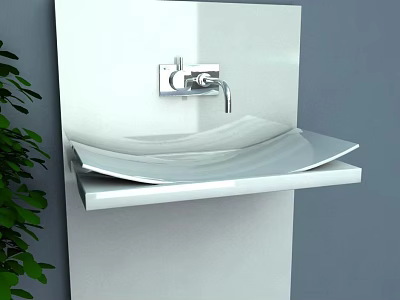 Sleek Modern Wall Mounted Washbasin With White Countertop Silver Faucet And Green Plant 3d model
