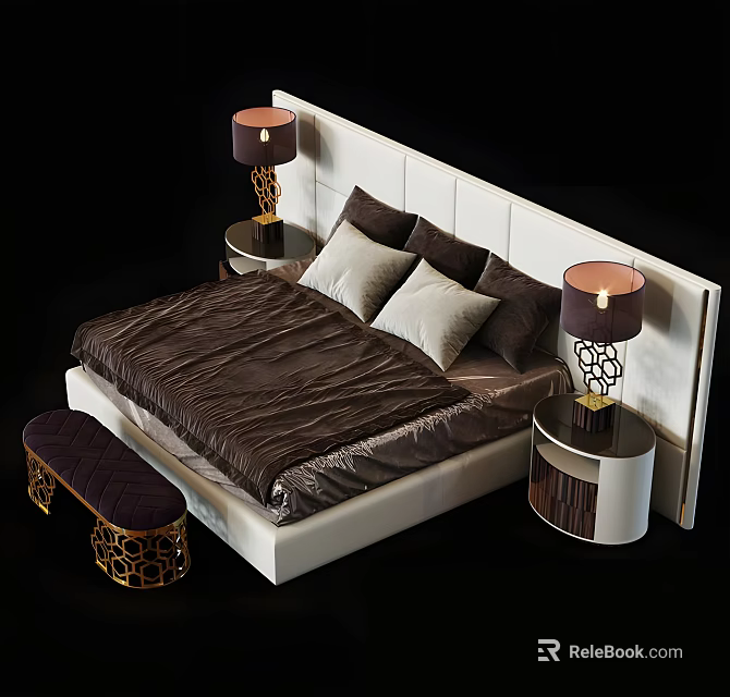 Double Bed Featuring White Headboard Brown Comforter Grey Pillows Nightstands with Lamps and Golden Bench 3d model 