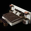 Double Bed Featuring White Headboard Brown Comforter Grey Pillows Nightstands with Lamps and Golden Bench