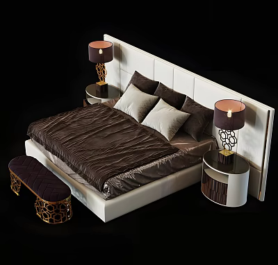Double Bed Featuring White Headboard Brown Comforter Grey Pillows Nightstands with Lamps and Golden Bench 3d model