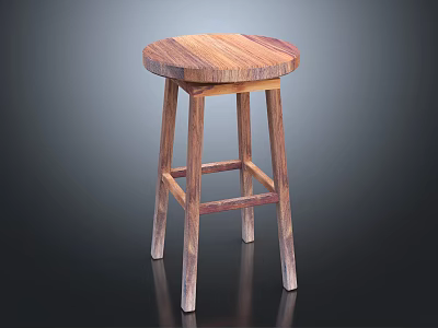 Wooden Round Seat Stool With Four Legs And Cross Support Structure 3d model