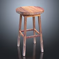 Wooden Round Seat Stool With Four Legs And Cross Support Structure
