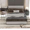 Modern Double Bed Bedroom With Nightstands Lamps Chandelier And Striped Rug