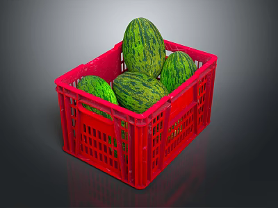 Fresh Ripe Watermelons in Red Plastic Crate with Green Striped Skin 3d model