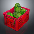 Fresh Ripe Watermelons in Red Plastic Crate with Green Striped Skin