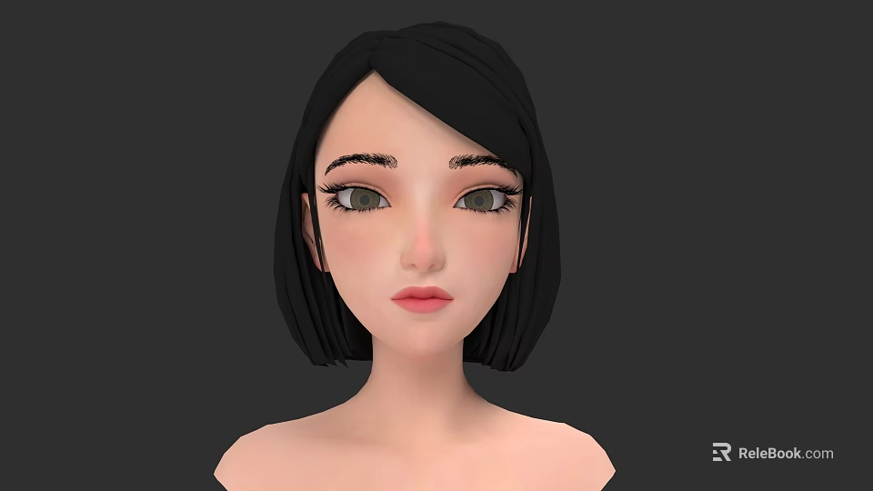 3D Game Movie Female Character With Black Short Hair Green Eyes And Stylized Face 3d model 