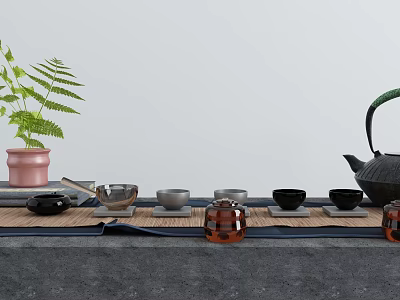 Minimalist Tea Set with Teapot Teacups and Green Plant on Bamboo Mat 3d model