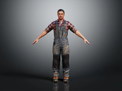 Realistic Male Character in Plaid Shirt and Overalls Standing with Arms Outstretched 3d model
